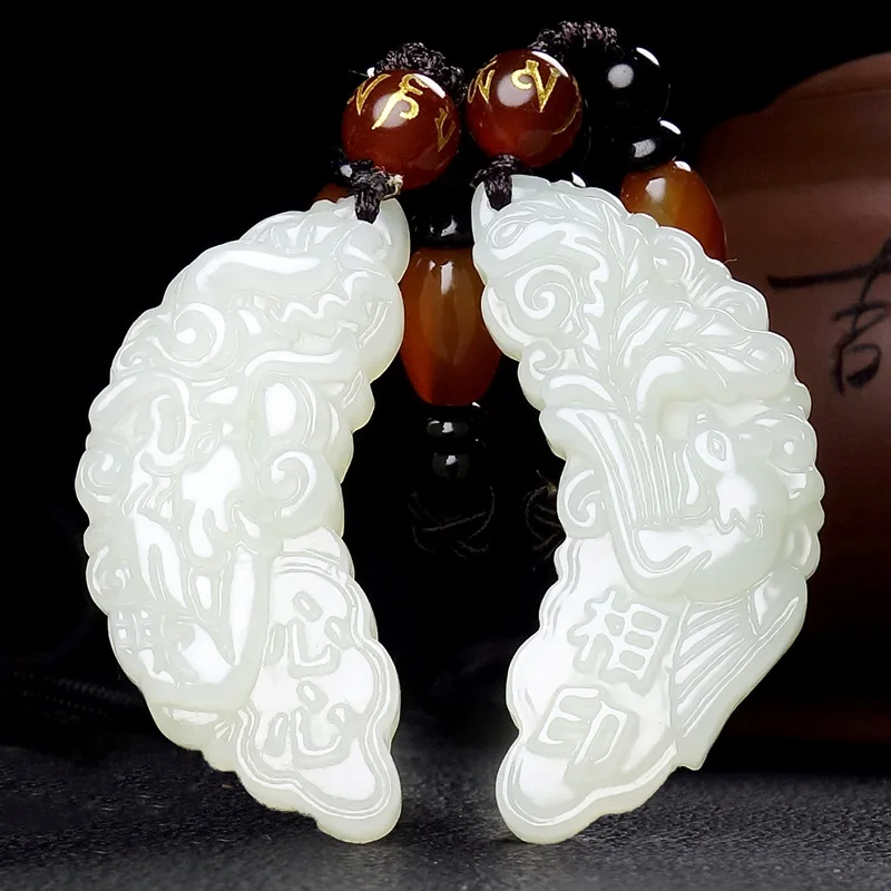 

Fine Jewelry Natural Hetian Nephrite Jade Dragon Phoenix Auspicious Crescent Moon Dragon Phoenix Matching Pendant