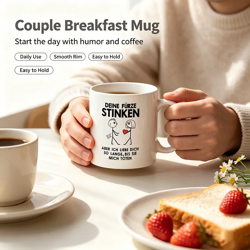 11 oz German Style Ceramic Coffee Mug with Fun Stickman Design - Reusable and Machine Washable - Perfect for All Beverages