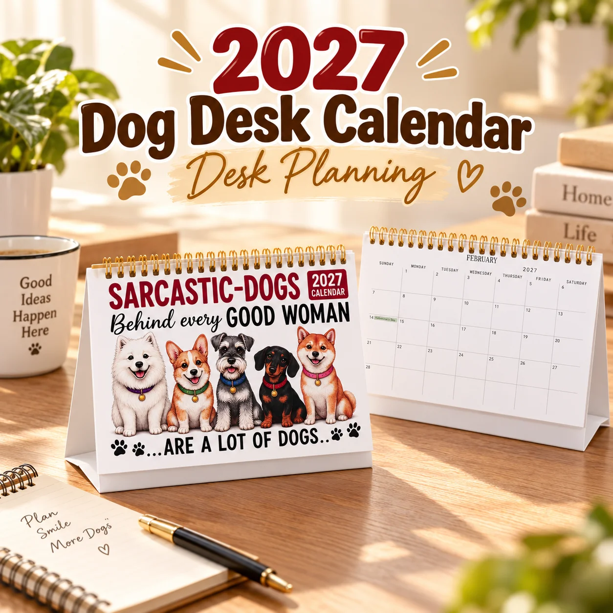 2027 Cute Cartoon Dog Desk Calendar, Gold Spiral Freestanding Triangular Monthly Planner for Home Office Decor Dog Lover Gift