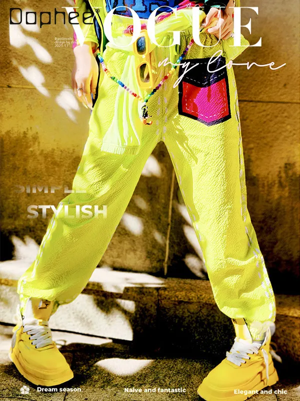 

Флуоресцентные желтые повседневные брюки с карманами, весенний стиль, контрастные цвета, простые, модные, брендовые, свободного кроя, спортивные штаны