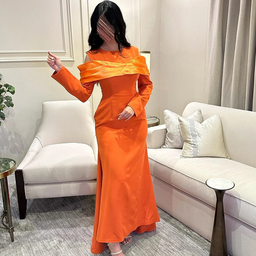 

Dubai Evening Caftan Dress Scoop Off The Shoulder Long Sleeve Straight Solid Color Sweep Train Satin Wedding Party Gowns