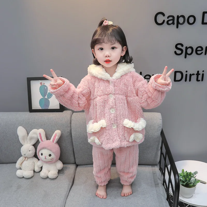 Autumn Winter Baby Girls Clothing Sets Cute Rabbit Ears Hooded Plush Coat + Pants 2Pcs Outfits Kids Pyjamas Suit 2 3 4 5 6 Years