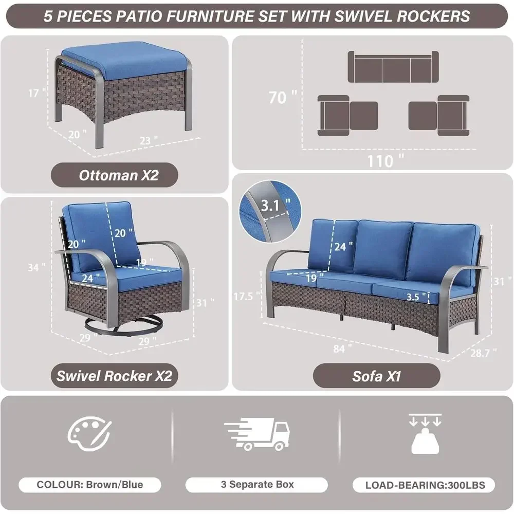 5-Piece Outdoor Patio urniture Set All-Weather Wicker Couch with Swivel Rocker Outdoor Chairs and Multi-unctional Ottomans, Pati