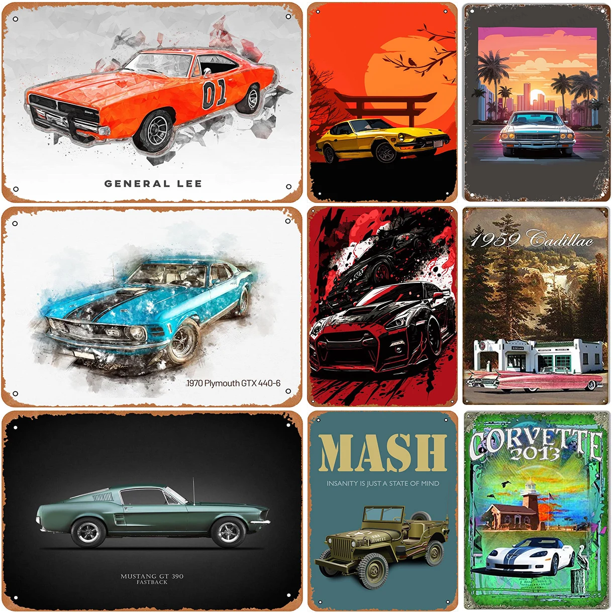 Classic Car Metal Tin Signs Vintage Wall Art General Lee Corvette GTX Posters for Garage Man Cave Cafe Bars Pubs Film Decoration