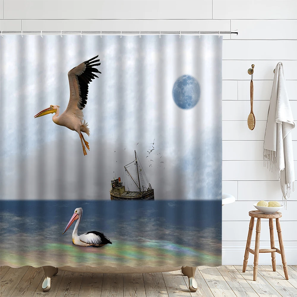 Ocean Seagull Shower Curtain Birds Animal Wild Goose Boat Sailing Bathtub Decor Bathroom Curtains Waterproof Fabric Screen Home