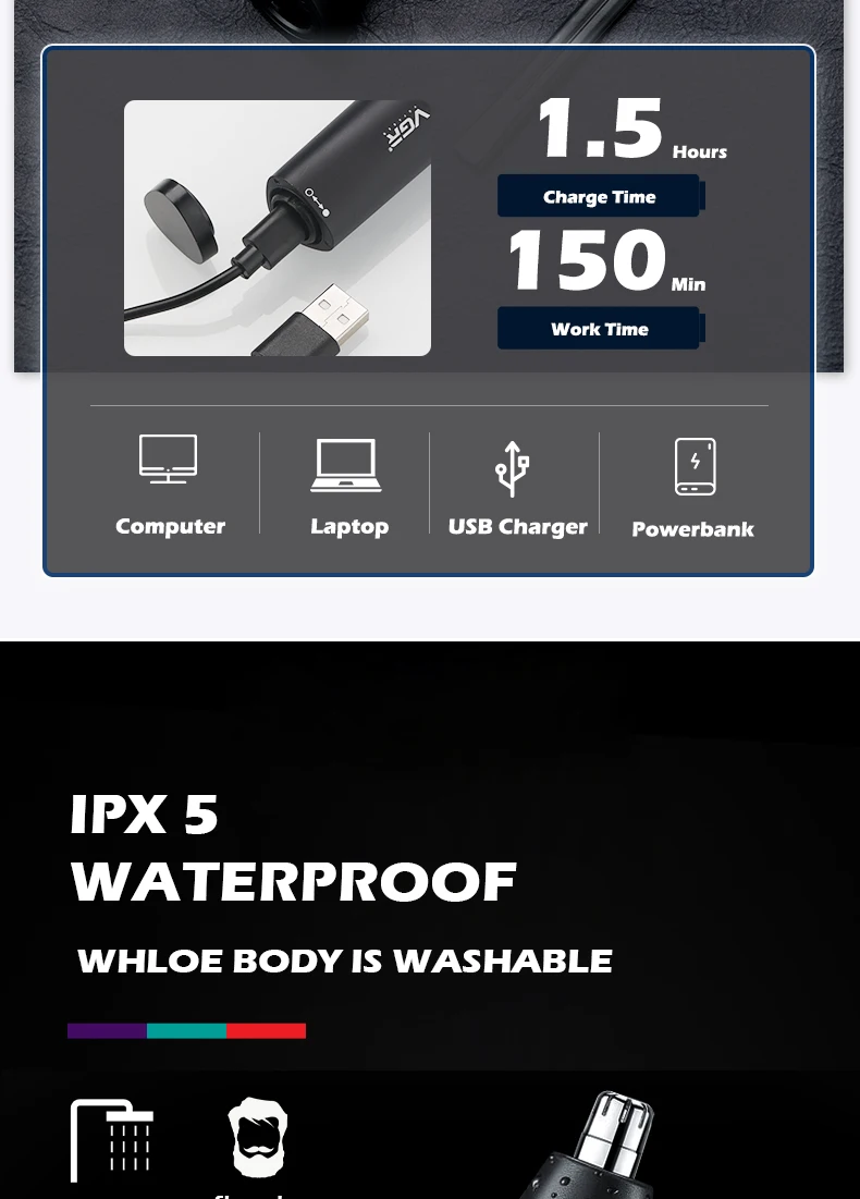 VGR Professioneller Nasenhaarschneider Mini-Haarschneider Elektrischer Nasenhaartrimmer 2 in 1 tragbar Haarschneider Wiederaufladbar Wasserdicht V-613 – Detail 10