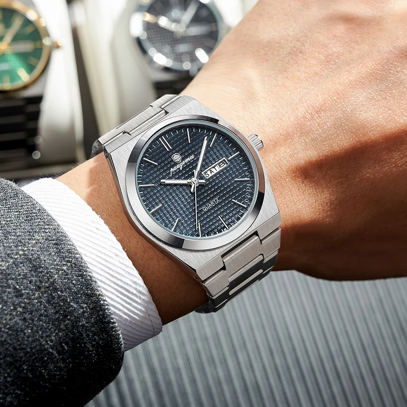2025 New Men Watch Stainless Steel Business Style Luxury Rhinestone 43mm Blue Gold Quartz Movement Wristwatch Relogios Masculino