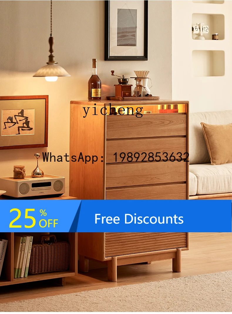 Cherry Wood Glass Window Drawer Cabinet Storage Cabinet Nordic Style Japanese Style All Solid Wood Chest of Drawers