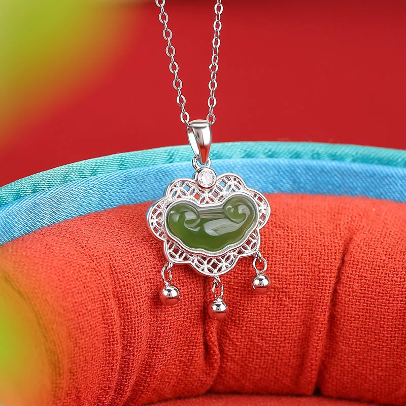 Natural Hetian Jade S925 Sterling Silver Jadeite Ruyi Lock Bell Filigree Ancient Style Tassel Pendant