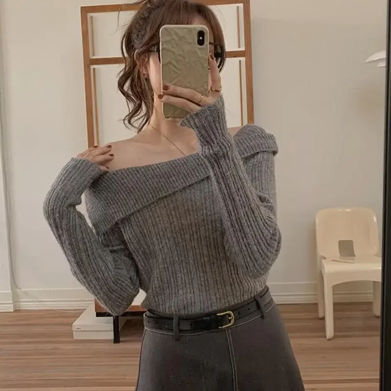 Deeptown Sexy Sweater Women Off Shoulder Tops Elegant Sweet Knitted Pullovers Korean Style Long Sleeve Casual Aesthetics Jumpers