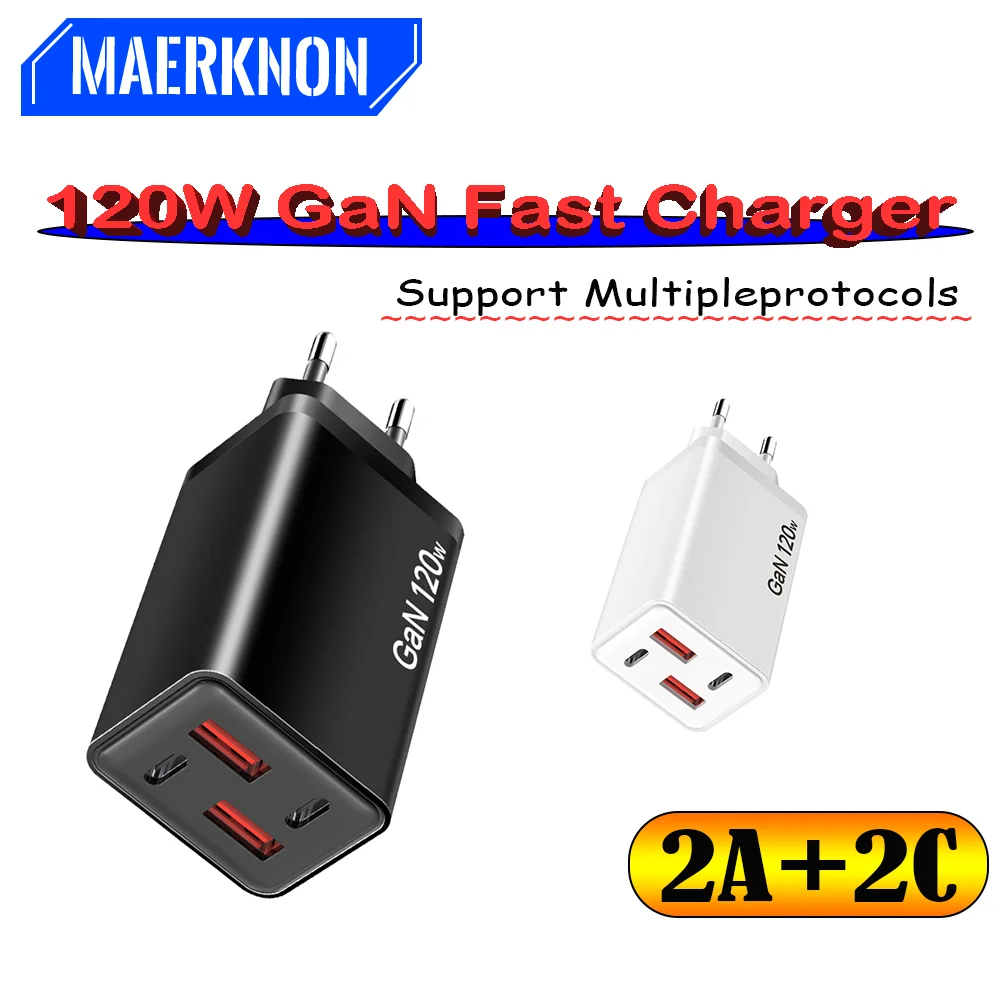 

2USB+2Type-C Output Mobile Phone Charger Adapter 4Ports 120W Fast Wall Charger EU/US/UK Plug For Xiaomi 15 iPhone Huawei Samsung
