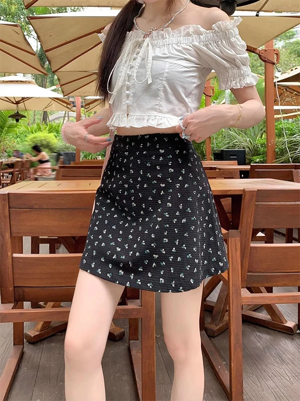

Summer High Waist A-Line Skirt Floral Print Anti-Light Women's Skirts ort Skirts Korean Sle Commute Skirts