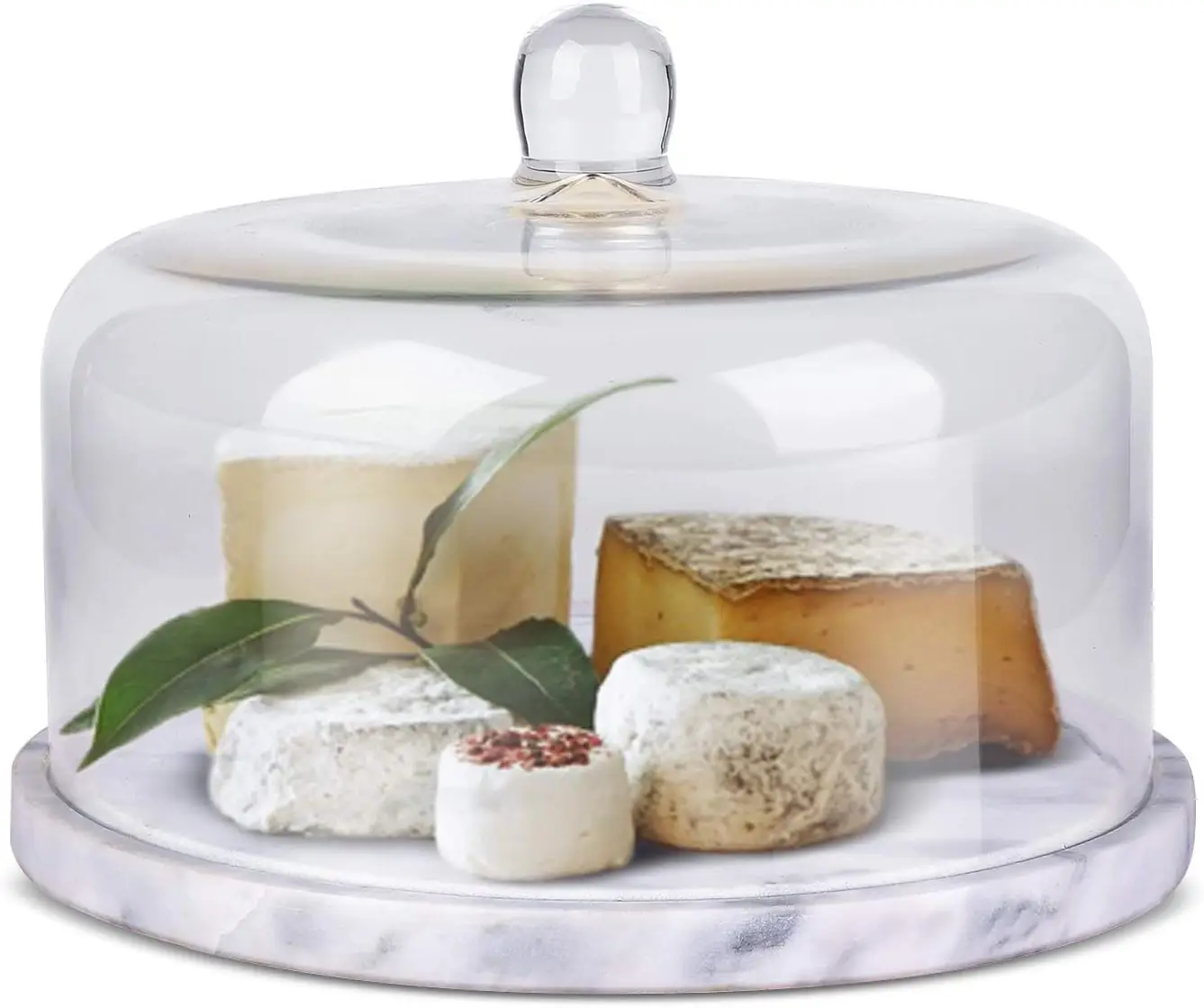 11-Inch Marble Stone Cake Stand & Cutting Board Slab Set with Round Glass Dome Cover and Lid, Cake Saver, Cheese Holder, Serving Platter for Kitchen, Dining, Bakery and Pastry Display