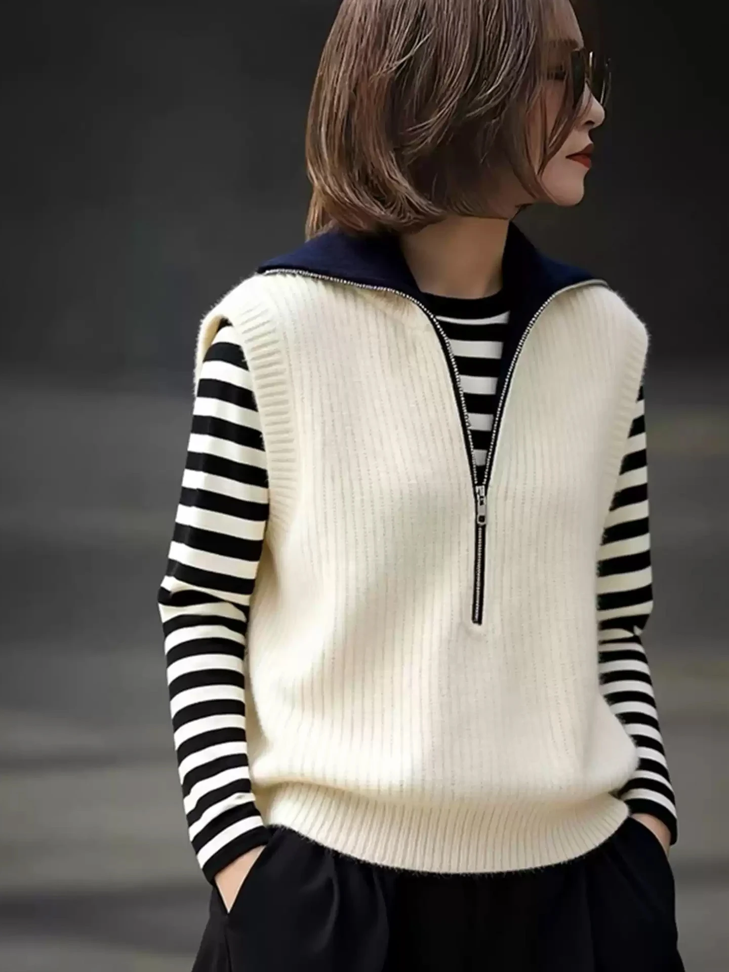 

Unique Knitted Vest Design Casual Versatile Color Blo Winter New Arrival Women's Faion Poem Lin Commute Sle Striped Pat...
