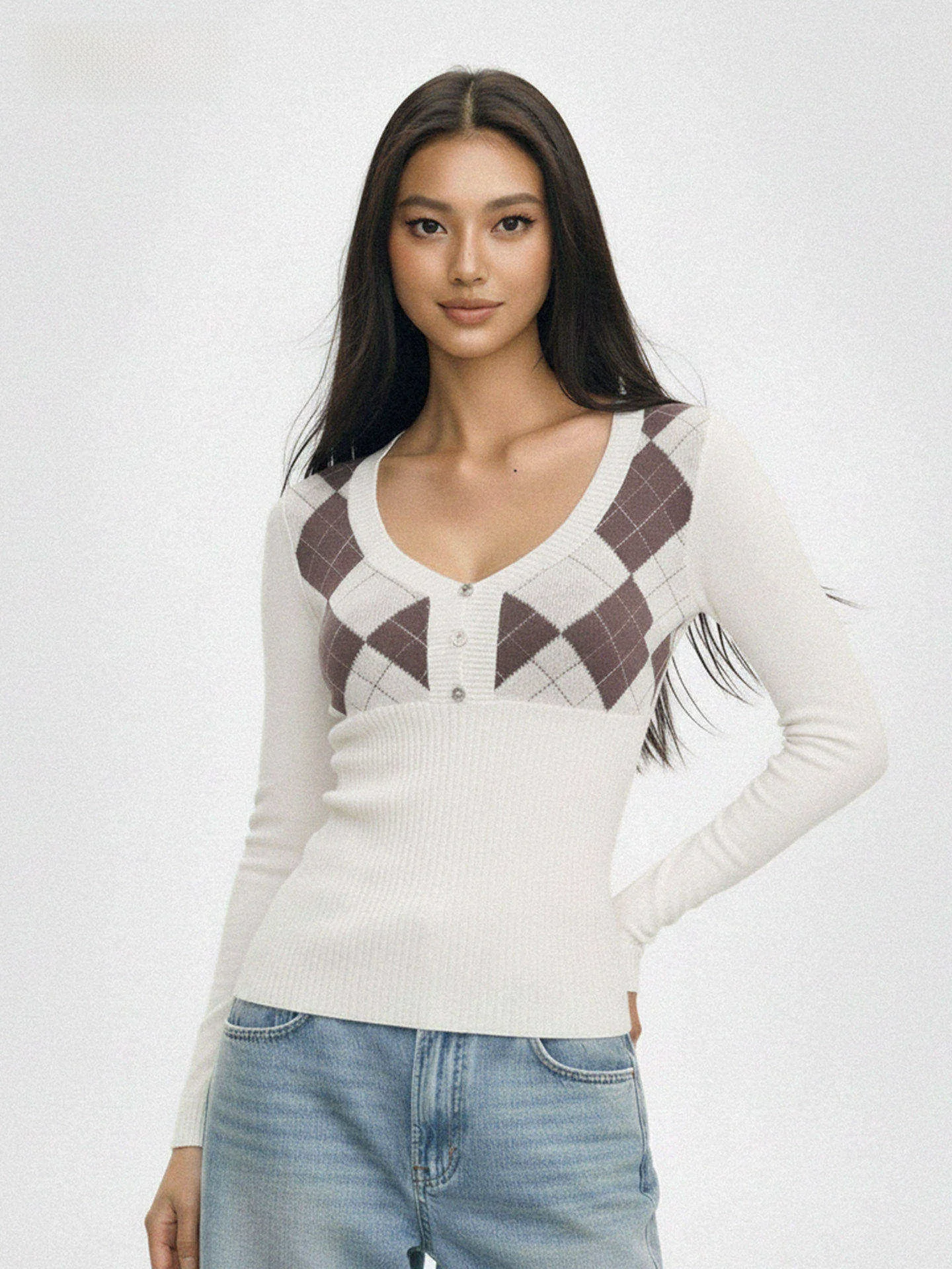 

Винтажный свитер WAEW с цветным ромбовидным узором, большим воротником, пуговицами, утягивающий талию, с длинными рукавами