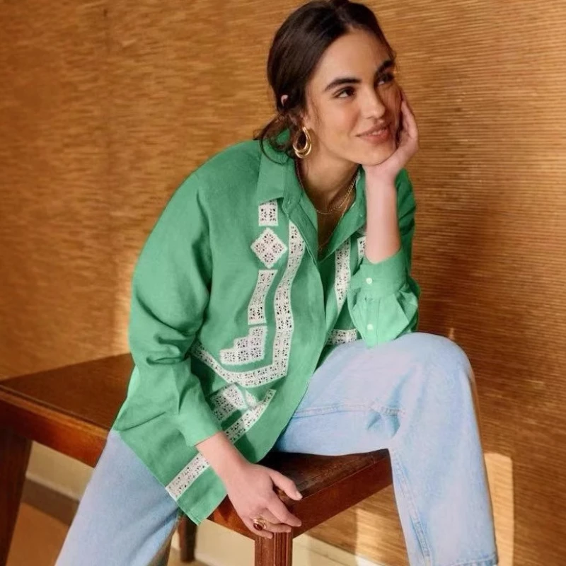 Sezanes Fashion French Blouse Design Vintage Trend Green Embroidery Patchwork Hollow Out Lace Lace Loose Shirt