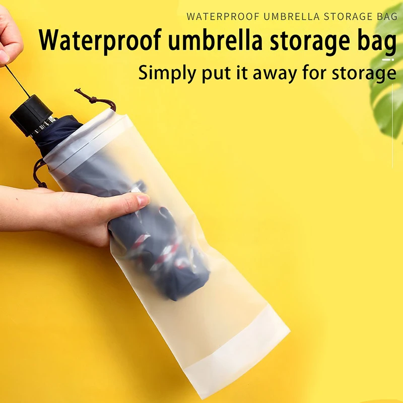 1pc Waterproof Umbrella Storage Bag Dust Cover Reusable Plastic Pouch Pocket Pull Rope Design Semi Transparent Outdoor Essential