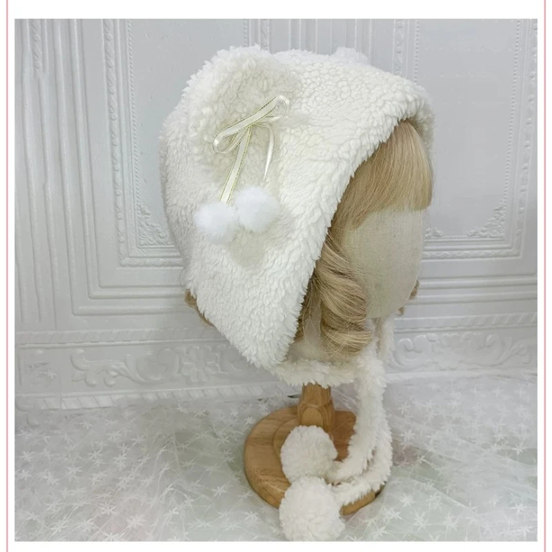 Original Cute Bear Ears Lamb Wool Hat Warm Weaving Japanese JK Lolita Student Hat