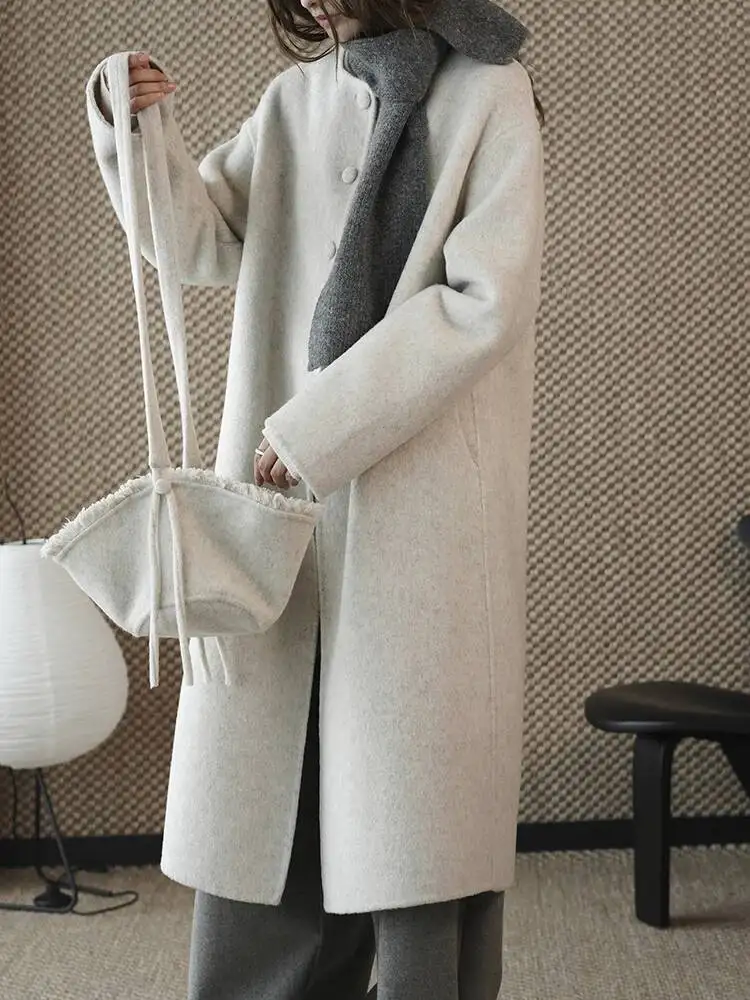 HUISONG الشوفان اللون 70% الصوف حجم كبير معطف الصوف الدافئ جديد س الرقبة طويلة الأكمام المرأة سترة موضة المد الخريف الشتاء 2025 ycescj