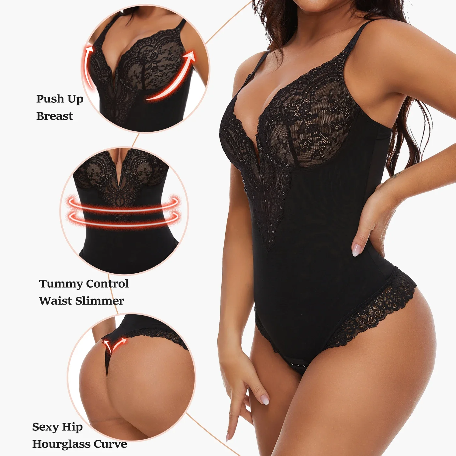 Sexy Lace Shapewear Bodysuits Slimming Bodys Women V-shaped Bra Underwear Thong Bottom Full Body Shapers Shapewear Jumpsuit 2024