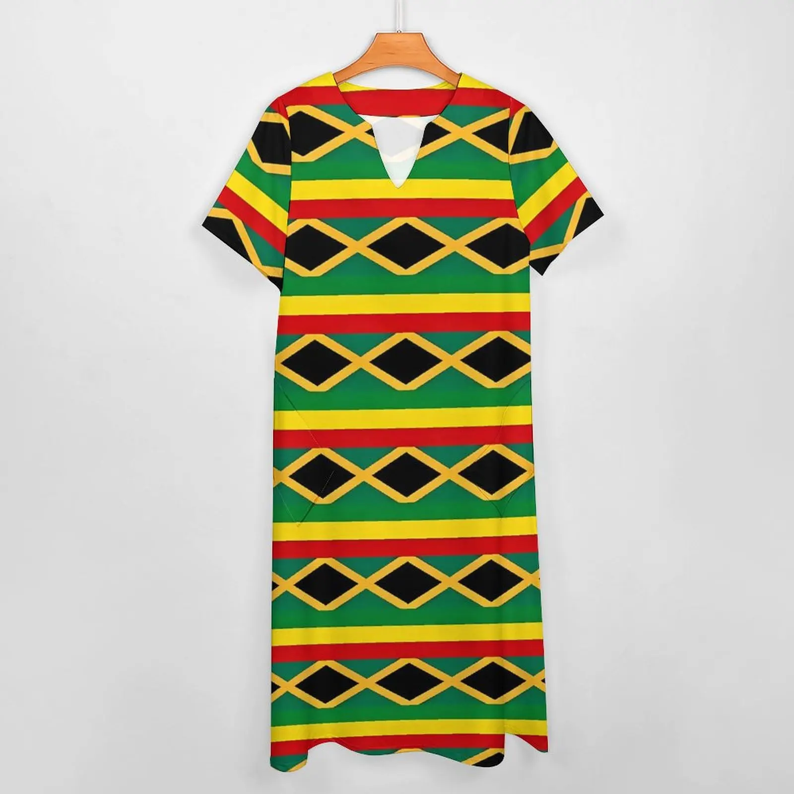 Jamaican Flag Dress Yellow Red Stripes Trendy Maxi Dress Street Fashion Casual Long Dresses Summer Short Sleeve Graphic Clothing