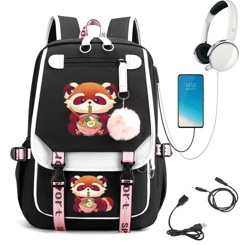 

Anime backpack for teenager red panda eating ramen cartoon bookbag USB bagpack student school bag travel bags