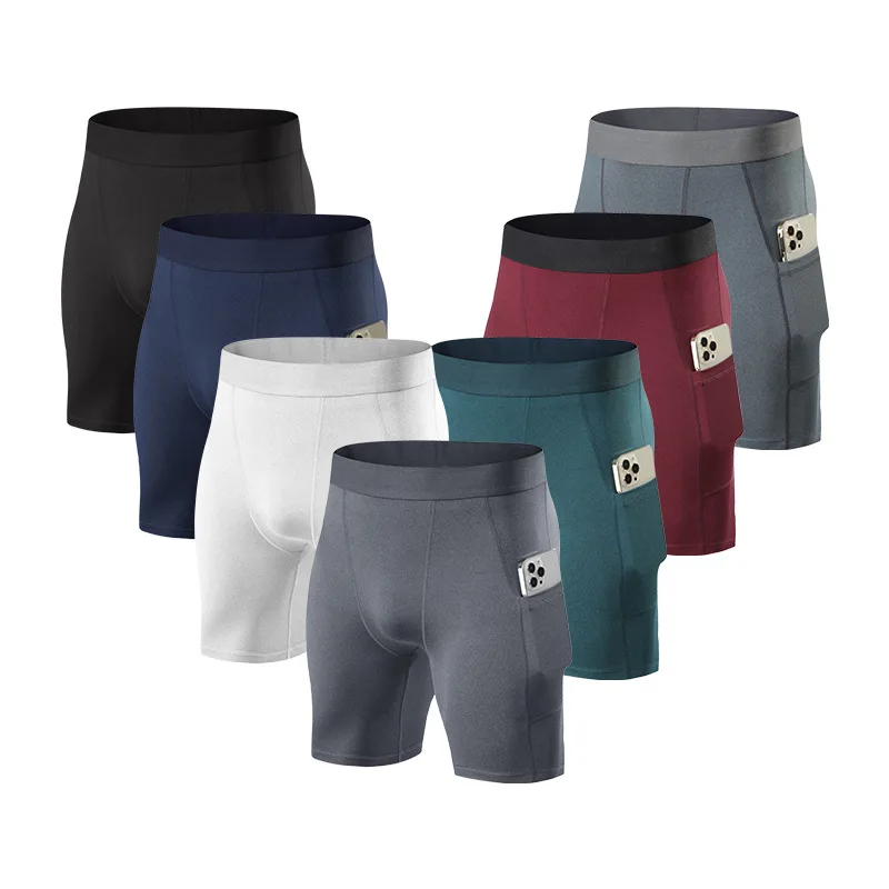 Shorts de Compressão com Bolsa de Cintura Masculina, Ajuste Apertado, Alta Elasticidade, Treino Longo, Esportivo, Ginásio, Maratona, Masculino, Verão