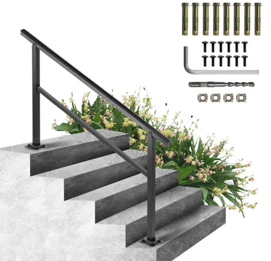 VEVOR Outdoor Handrail, 165LBS Load, Aluminum, 60x35", for 0-30° Staircases, Fits 4-5 Steps, Transitional Style, Includes Screw