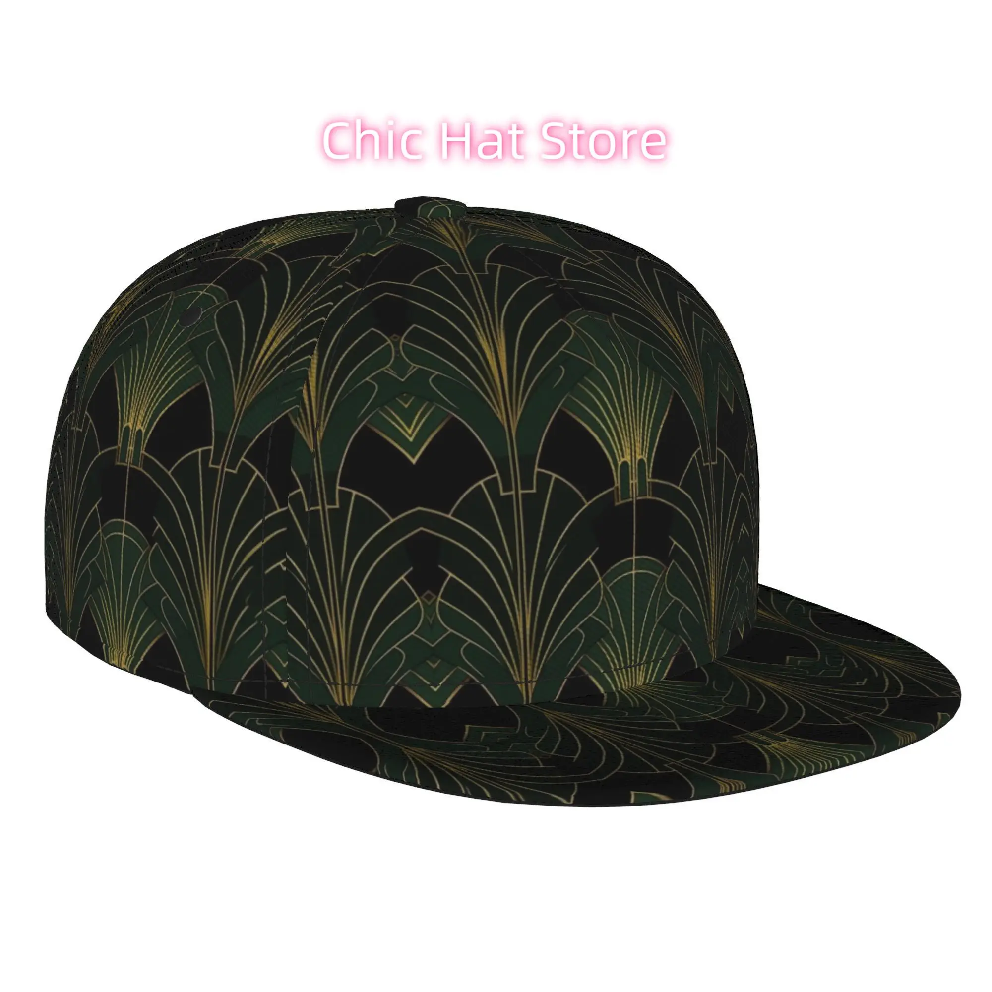 1pc Golden Green Art Deco Palm Frond Fully Printed Hip-hop Caps, Baseball Caps, Stylish Flat-brimmed Baseball Caps, Sports Outdo