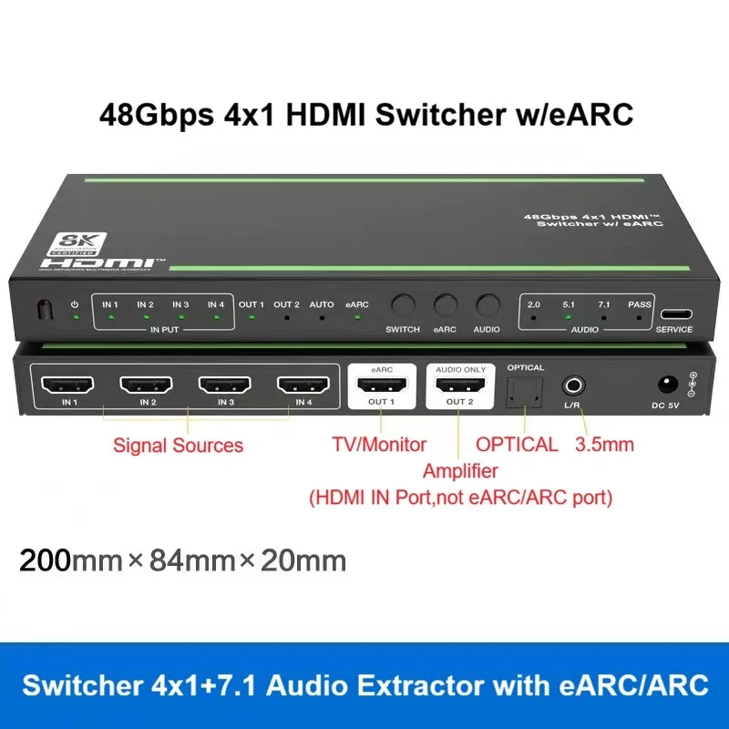 4K120Hz HDMI2.1 Switcher 4x1 Audio Extractor Support TV eARC HDMI 7.1 Audio VRR ALLM 8K60Hz 48Gbps