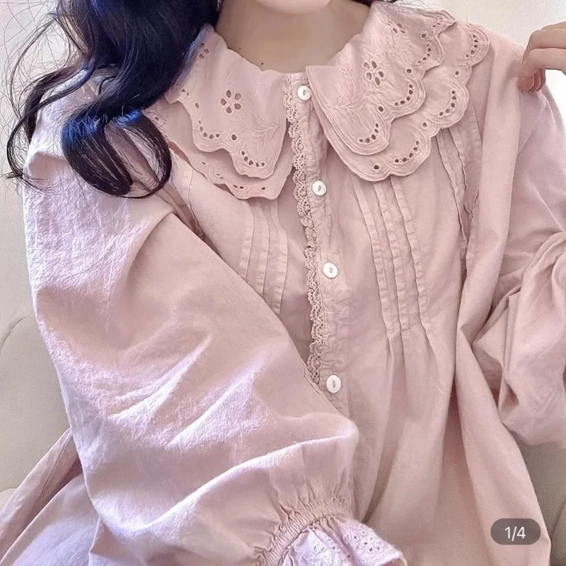 

Spring New Sweet Age-reducing Double-layer Doll Collar Embroidery Design Lace Spliced Loose Shirt for Women