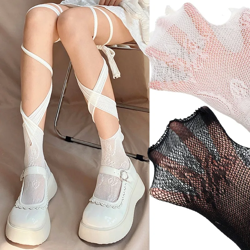 Y2k Cross Tie Lace Stockings Women Overknee Bud Silk Bandage Split-toe Socks Girls JK Ribbon Middle Long Tube Fishnet Pantyhose