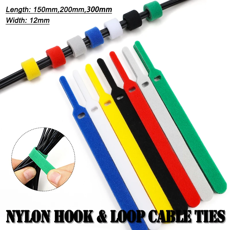 50Pcs Reusable Cable Tie Adjustable Nylon Hook and Loop Line Ties 150 200 300mm DIY Cable Organizer Management Fastening Straps