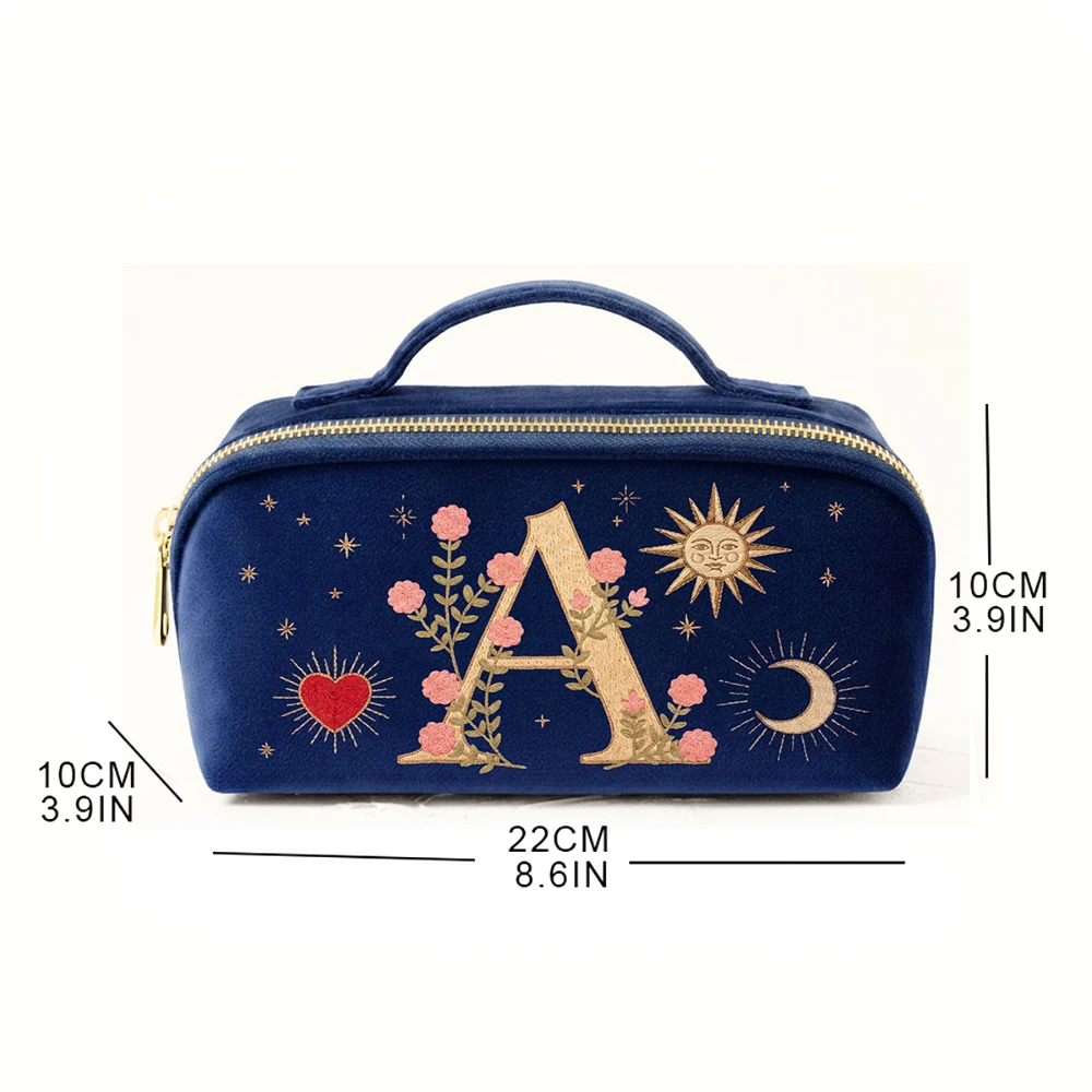 Imitations-Stickerei-Stil, Kosmetiktasche, marineblauer Samtbeutel, Vintage-Design, Samt-Kosmetiktasche, Geburtstagsgeschenk für Frauen. – Detail 1