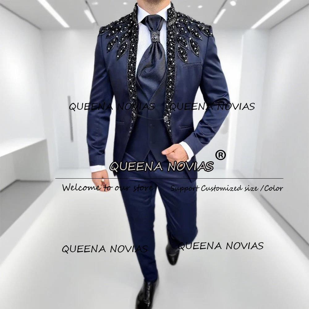 

Luxury Crystals Beaded Wedding Suits For Men Italian Design Single Breasted Groom Blazers Customized 2 Pieces Sets Man Tuxedos