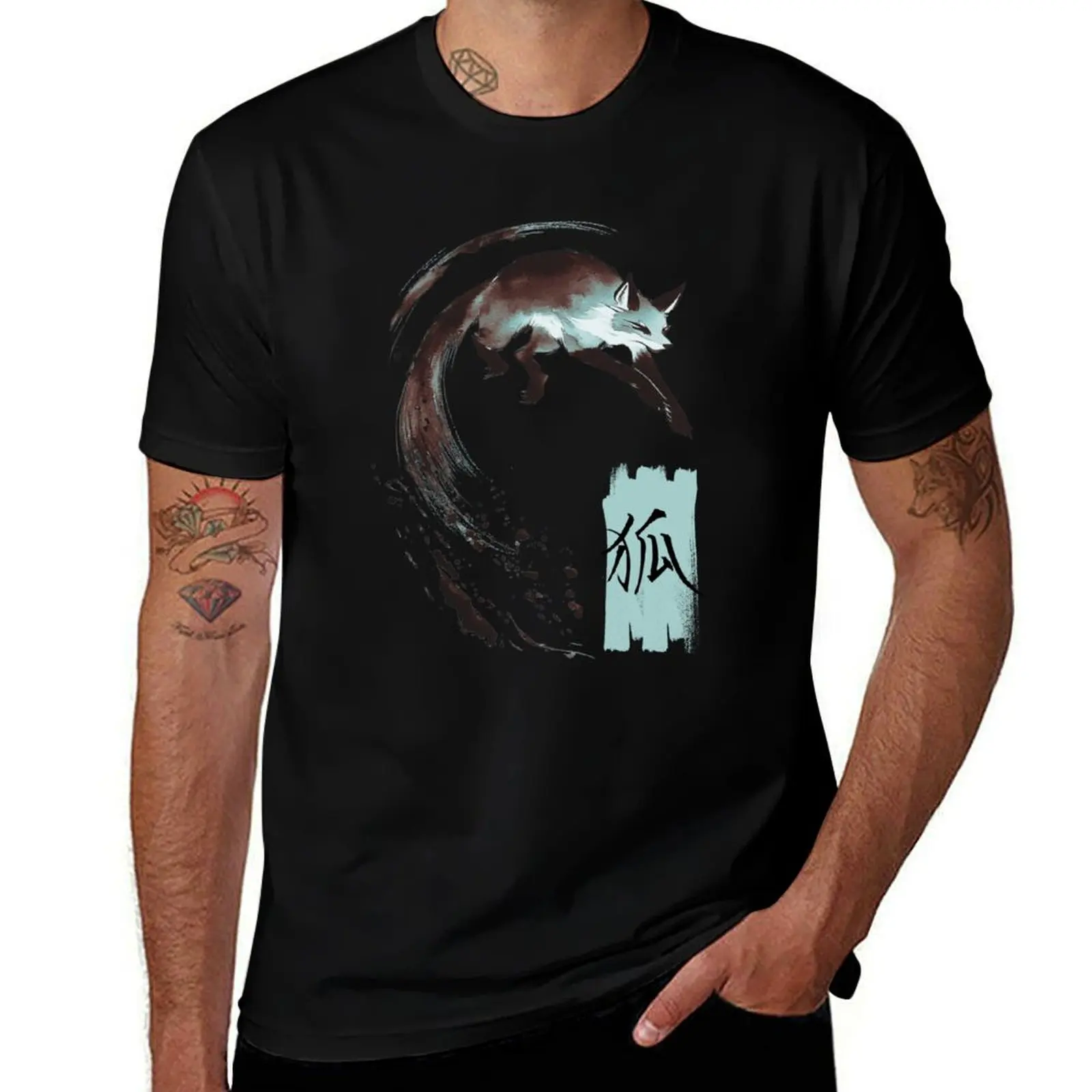 Cool Japanese Fox Art with Kanji T-Shirt Daily Work Short Sleeve Top T-Shirt