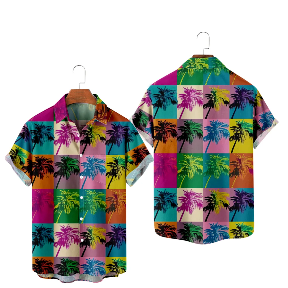 

Men's Hawaiian Shirt Plaid Print Coconut palm Beach and Sea Y2K Hombre Fashion Creative Summer Shirt