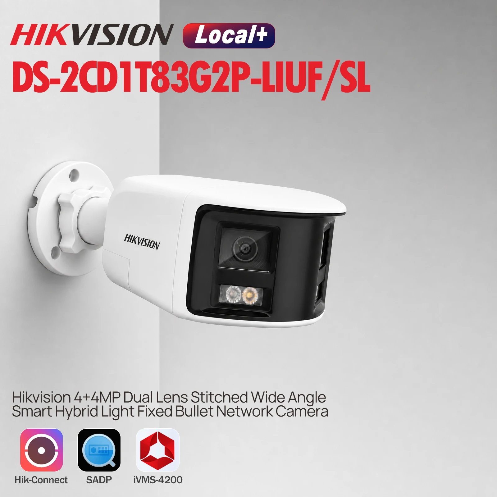 Hikvision DS-2CD1T83G2P-LIUF/SL 4MP+4MP Doppia Lente 180 ° Telecamera di rete PoE a forma di proiettile con obiettivo grandangolare, illuminazione intelligente ibrida a 30 m, strobo bianco e allarme