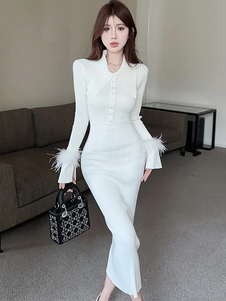 Autumn Winter White Kitted Screw Thread Long Dress Women Elegant Casual Home Dress 2024 Korean Fashion Bodycon Party Night Dress