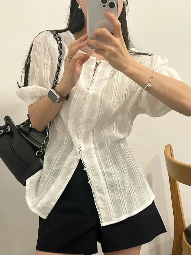 Fashion Solid Color Simple Single Breasted Women Shirt Top New Women's Round Neck Bubble Sleeve Tie Short Sleeve Shirt Summer