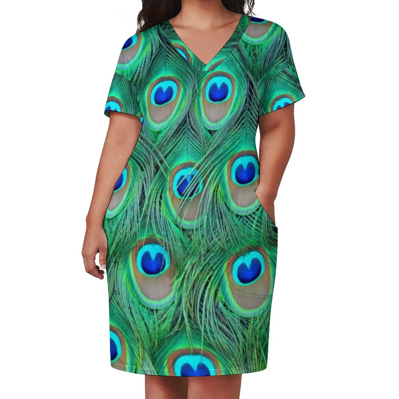 Peacock Plumage Dress Plus Size Animal Feathers Print Streetwear Casual Dress Womens Summer V Neck Cute Dresses Birthday Gift