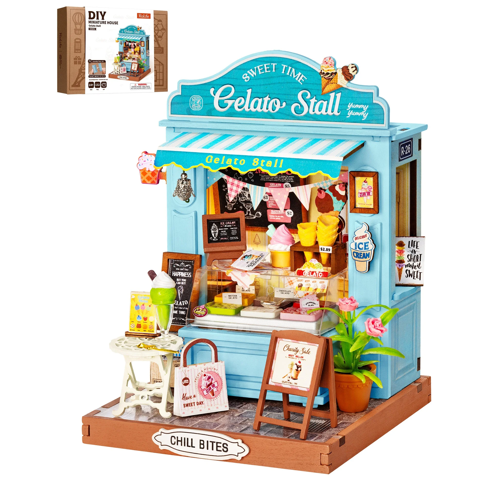 

Rolife DIY Miniature House Kit Gelato Stall Mini Dollhouse Model Building Kit Wooden 3D Puzzle Toys with LED Light for Home Decor Gift for Adults Kids Friends