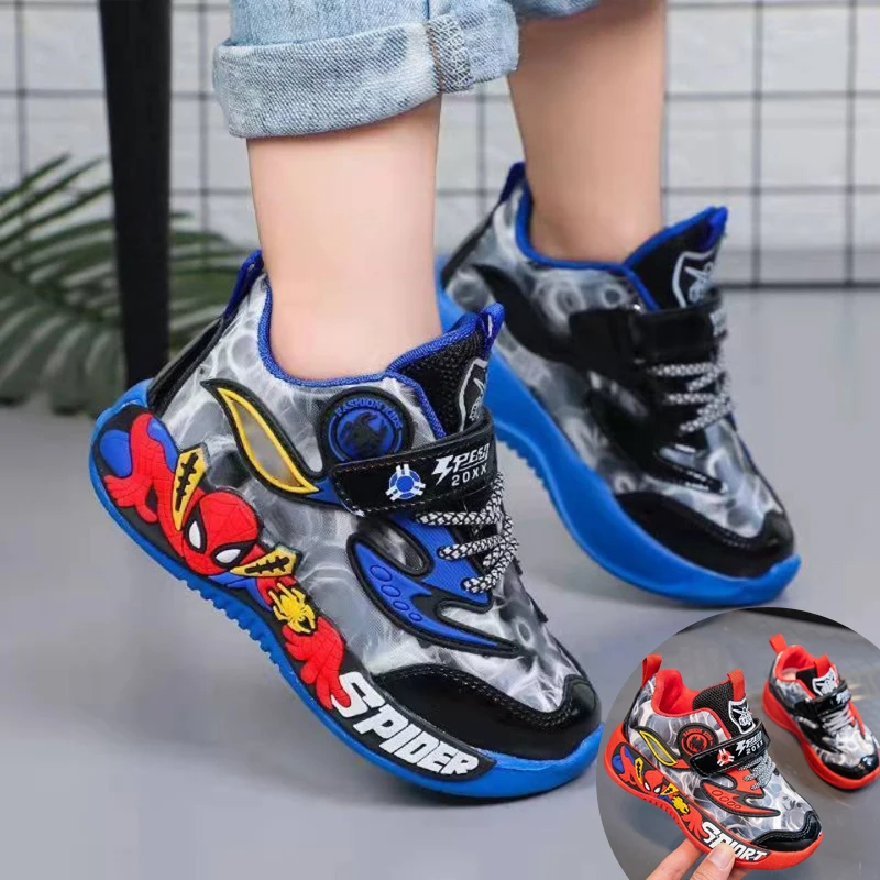 Disney Boys Girls Spring Autumn Sports Shoes Spider Man Light Blue Red Casual Running Shoes Size 26-37