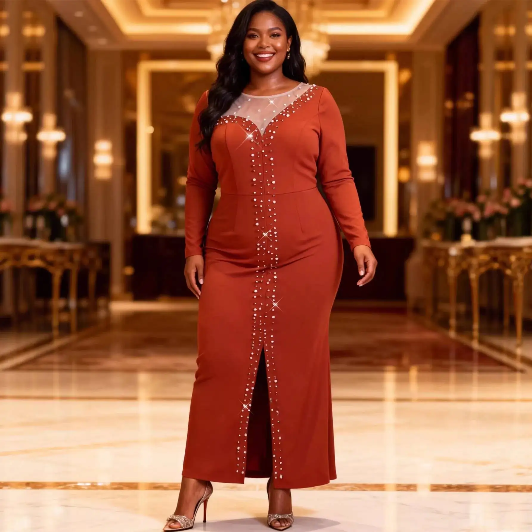 Plus-size Women's Beaded Long-sleeve Dress, Sheer Tulle Collar, Waist-cinching, Slit, Elegant Party Gown, Long Dress Top Y2K