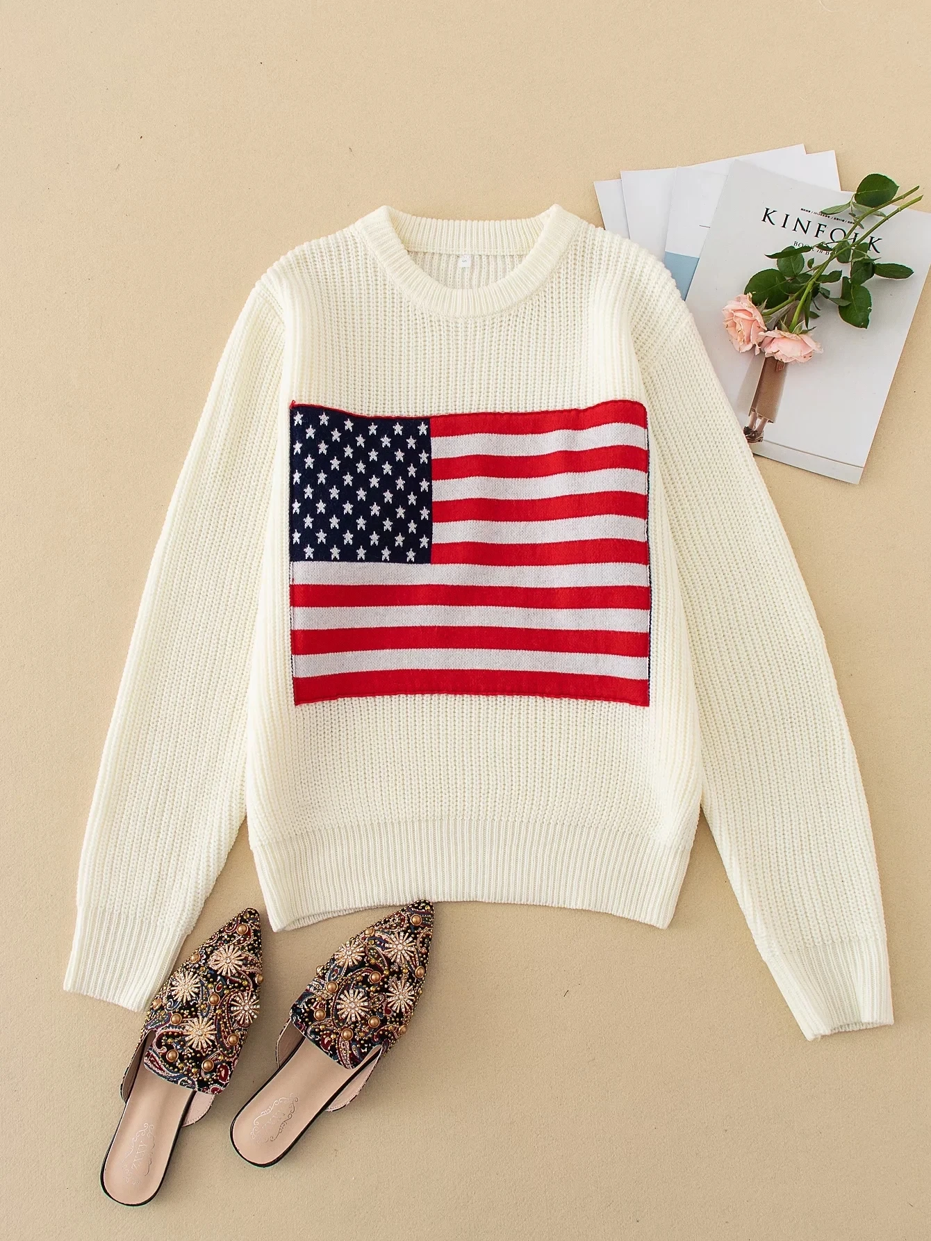 Female Pollover Sweater Women Causal America Flag Soft Sweater Top Autumn Winter Knitted Long Sleeve Korean Oversize Sweater