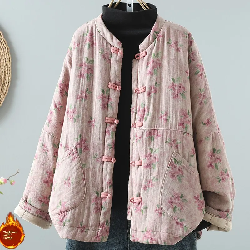 

Женская хлопковая куртка с ретро-принтом, на пуговицах, с воротником-стойкой, зимнее утепленное пальто в китайском стиле, свободного кроя, с длинными рукавами