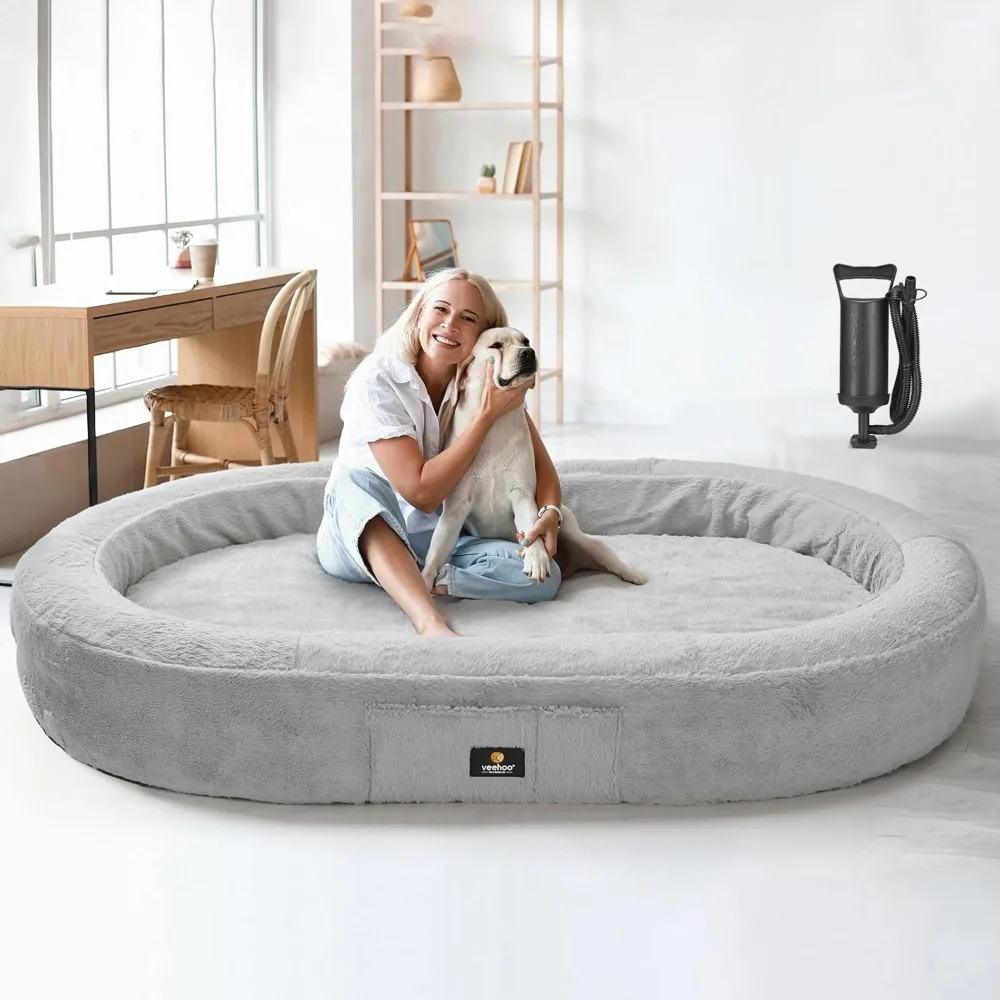 Inflatable Human Dog Bed, Giant Human Sized Dogs Beds, Soft Fur Oval Nap Bean Bag Beds, Multifunctional Extra Large Pet Bed