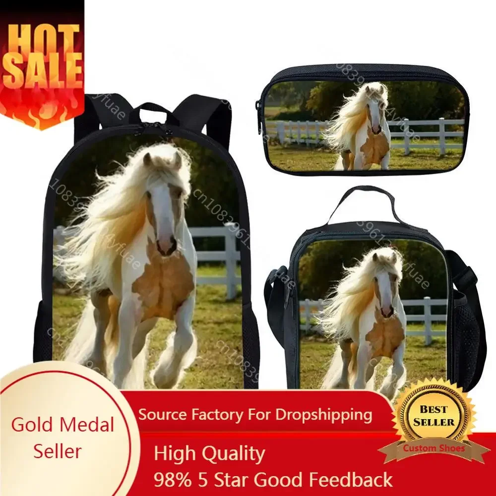 3D Horse Print School Bags para Crianças, Mochila para Meninos e Meninas, Satchel Bags, Student Book Bag, Bookbag, 3Pcs por Set