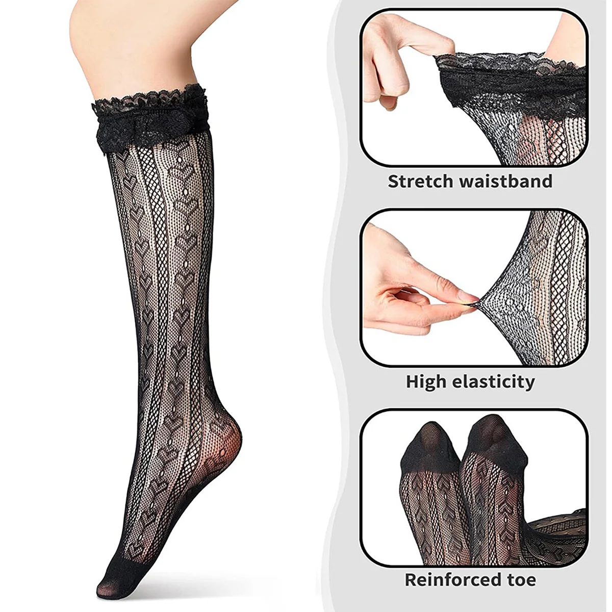 

1 пара женских кружевных носков до колена, белые и черные носки в стиле Лолита с сердечками и цветочным узором, тонкие милые носки в стиле кавай для студенток, длинные носки до икры