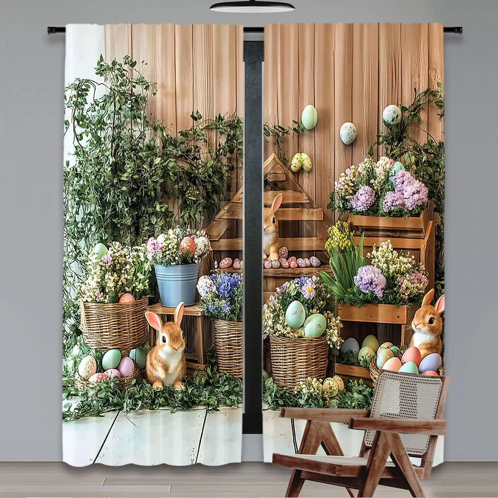 2Pcs Spring Rustic Curtain Bunny Rabbit Easter Decoration Window Drapes Design For Privacy Protection And Stylish Home Decor A